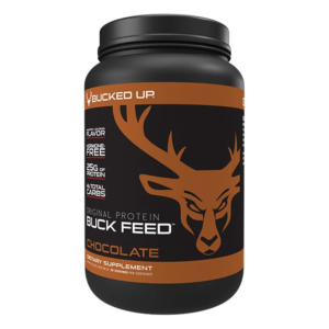 Two tubs of Bucked Up protein powder—one chocolate, one vanilla—sitting on a countertop with their labels clearly visible.