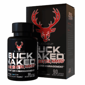 Bucked Up Buck Naked weight loss supplement bottle and packaging, labeled for fat burning and “look better naked” benefits.